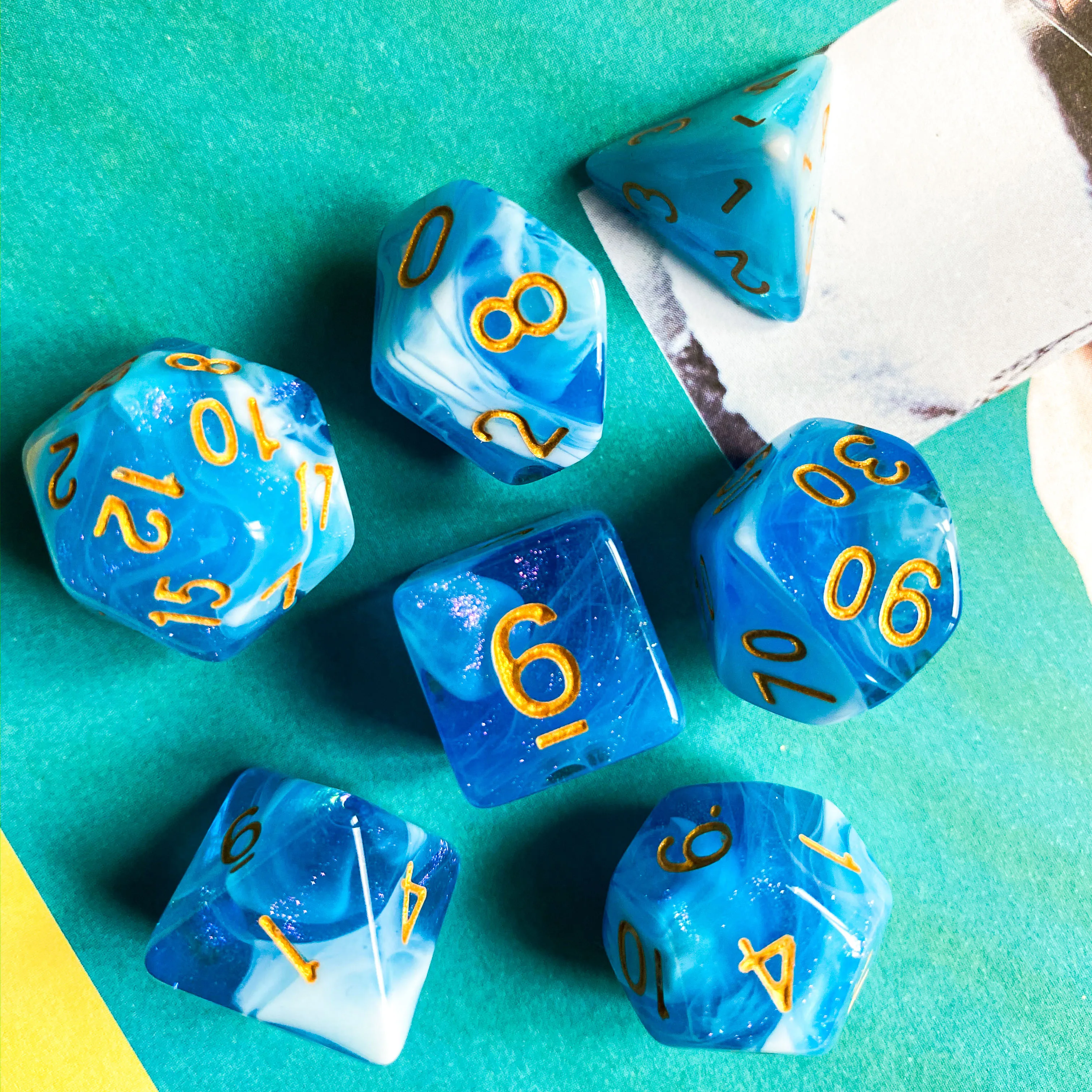 7 шт./компл. с блестками сине-белые игральные кости DND набор D4 D6 D8 D10 D % D12 D20