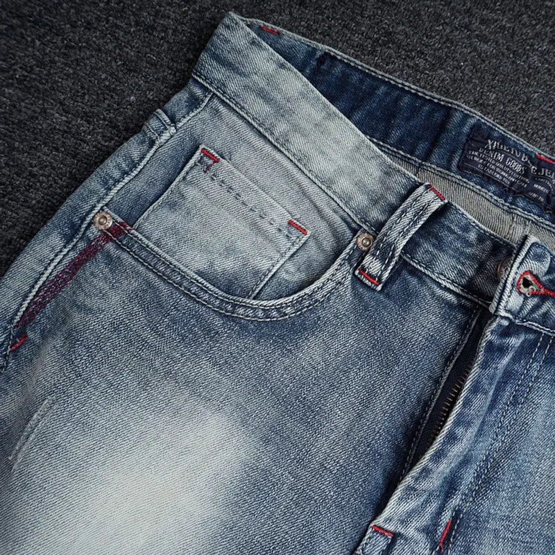 European Vintage Fashion Men Jeans Retro Light Blue Elastic Slim Fit Ripped Jeans Men Patchwork Designer Casual Denim Pants