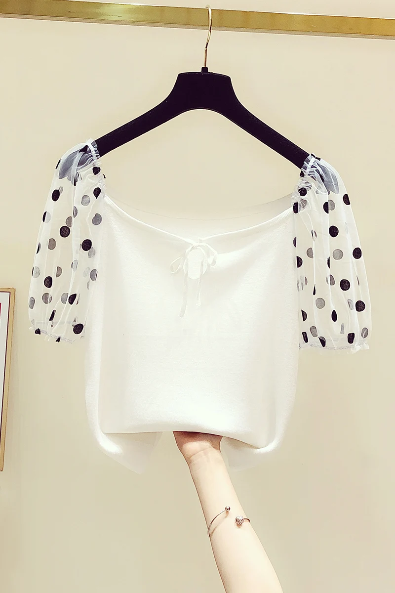 

2021 Summer New Fashion Dot Mesh Women T Shirt Puff Sleeve Patchwork Round Neck T Shirt Lady's Casual T Shirt Fashion