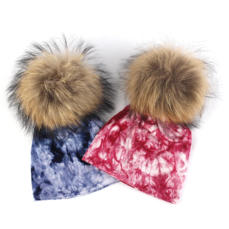 

2021 New Children Cotton Tie Dye Beanie Cap With Pompom Girls Kid Boys Warm Beanies&Skullies Hat Toddler Infant Caps Accessories