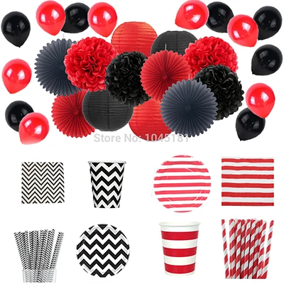 Set 3 Ipalmay красный черный Хэллоуин вечерние украшения и посуда бумажные тарелки и стаканы соломинки салфетки бумажные Pom фонари - Цвет: Set 3