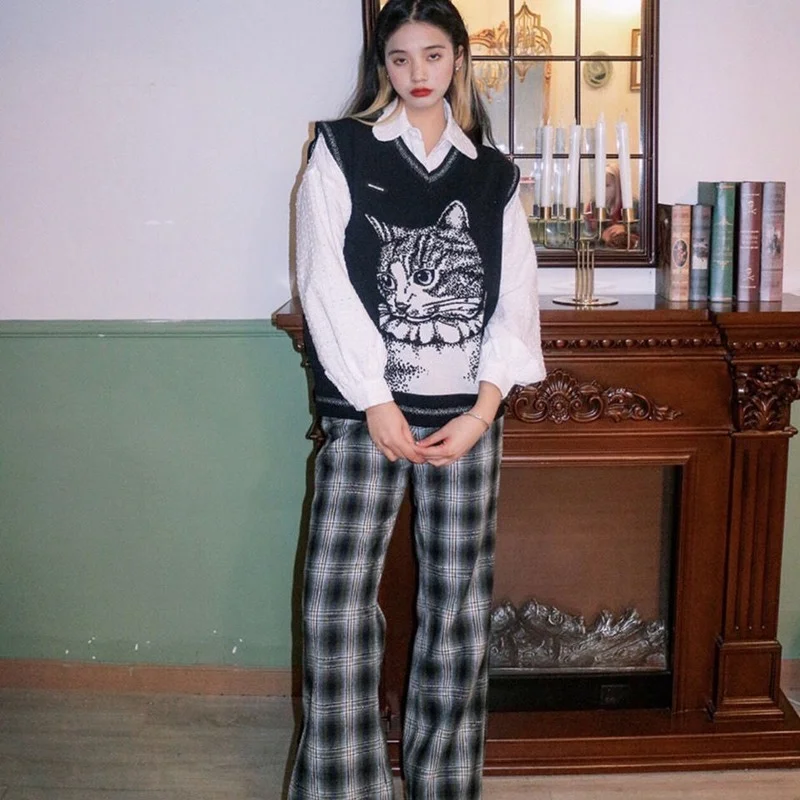 Женский винтажный жилет koshiki в стиле Харадзюку С мультяшным принтом кота и