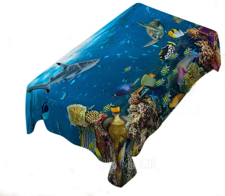 

Fish Tablecloth Home Decor Ocean Underwater Shark Turtle Coral Reef Seaweed