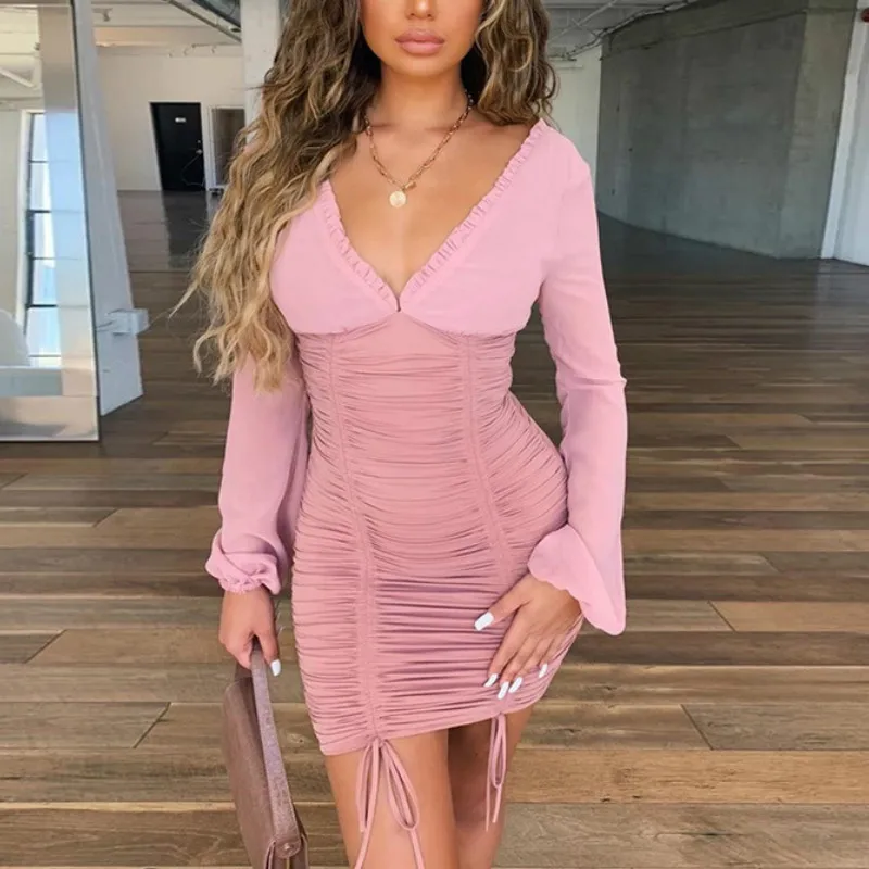 Модное облегающее платье с длинными рукавами и рюшами сексуальное мини для
