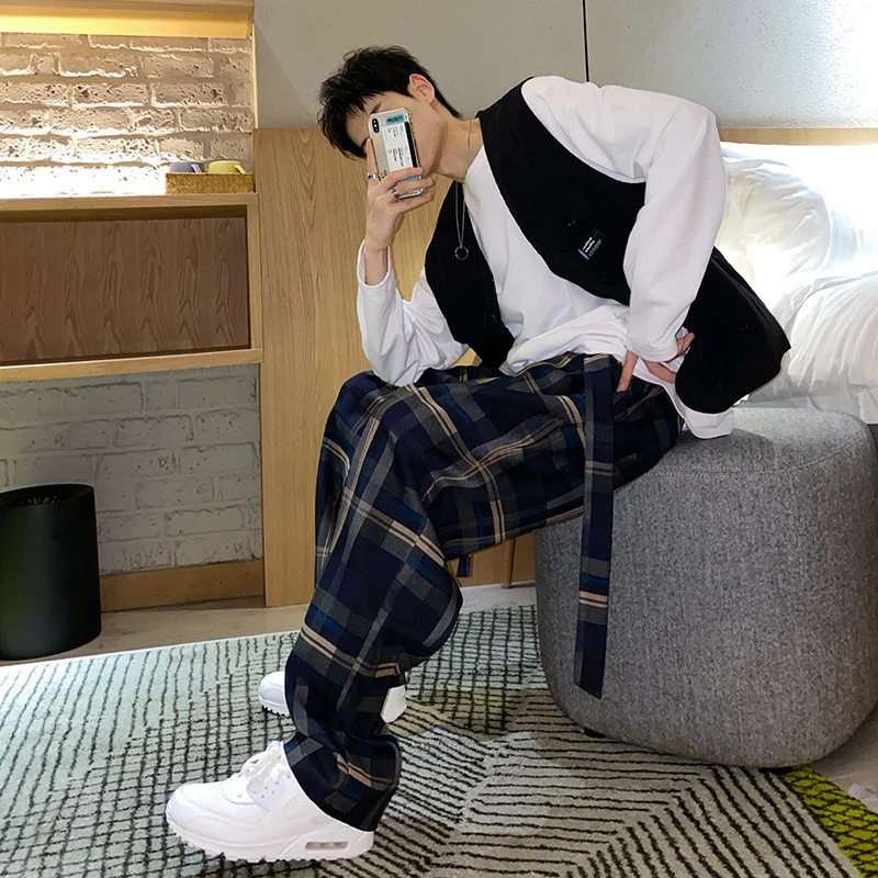 Клетчатые брюки HOUZHOU мужские клетчатые прямые Мешковатые повседневные модные в