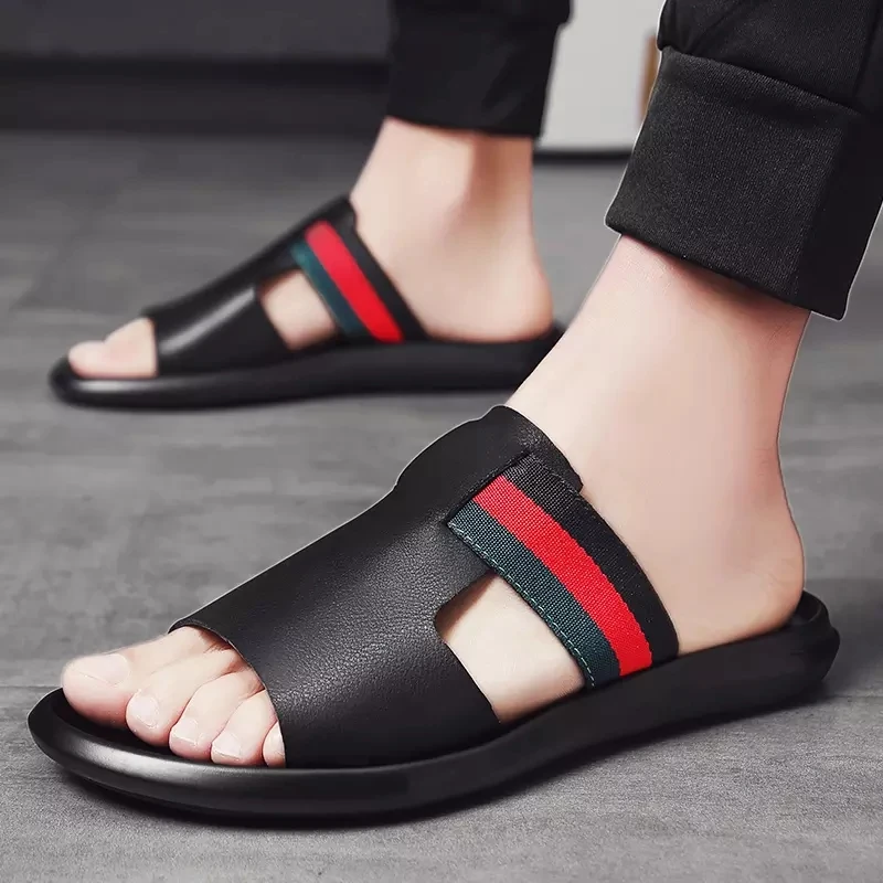 

WEH slides mens sandal luxury genuine leather slippers for summer High Quality sandals 2020 slip on lightweight breathable black