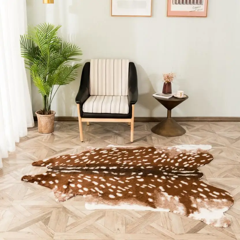 

Brown imitation sika deer pattern Rug faux skin leather NonSlip Antiskid Mat washable Animal print Carpet for living bedroom