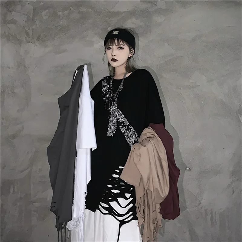 

Women vintage hip hop punk oversized t shirt with holes gothic street style short sleeve tees tops ladies Korean grunge clothes
