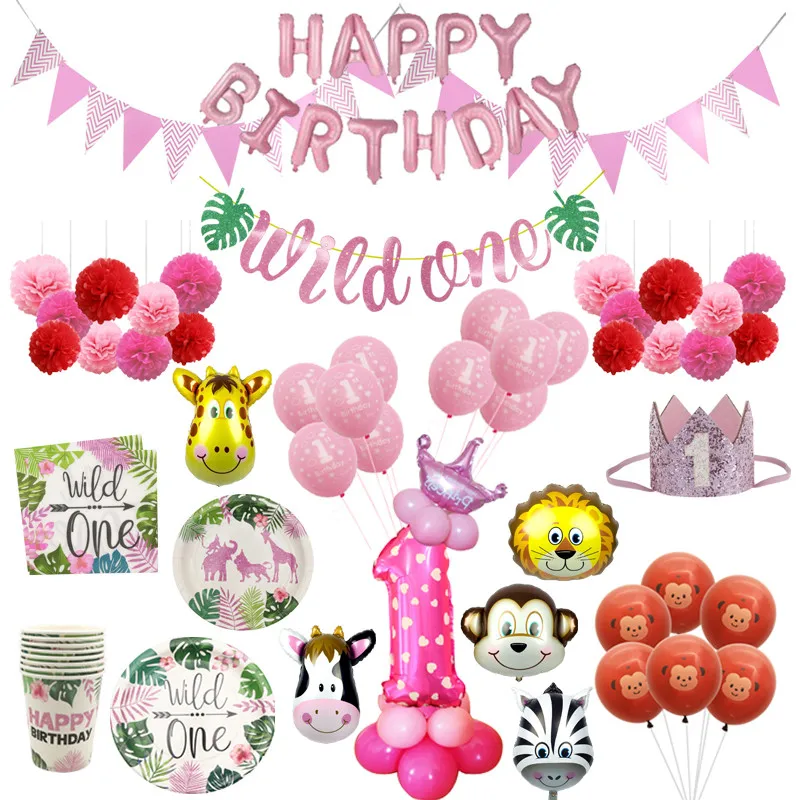 

Chicinlife дикая один баннер, одноразовая посуда, джунгли, животные, воздушный шар, капкейк, топперы для девочек на 1-й день рождения, украшения, по...