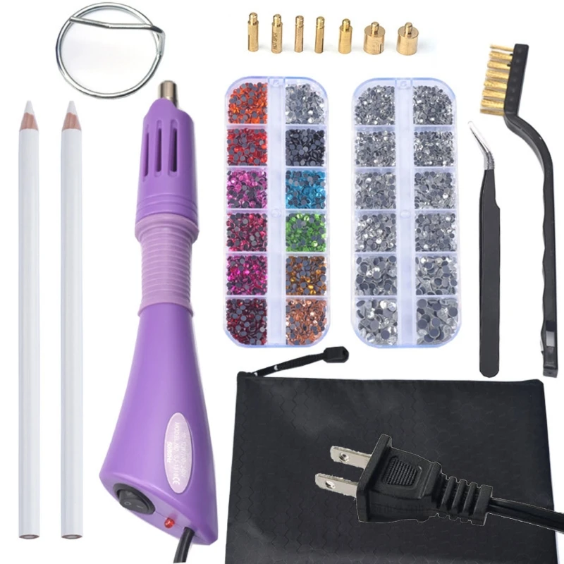 

Hotfix Applicator Tool Kit DIY Hot Fix Rhinestones with 7 Tips Support Stand Tweezers Cleaning Brush Wax Pencils Kit E56A