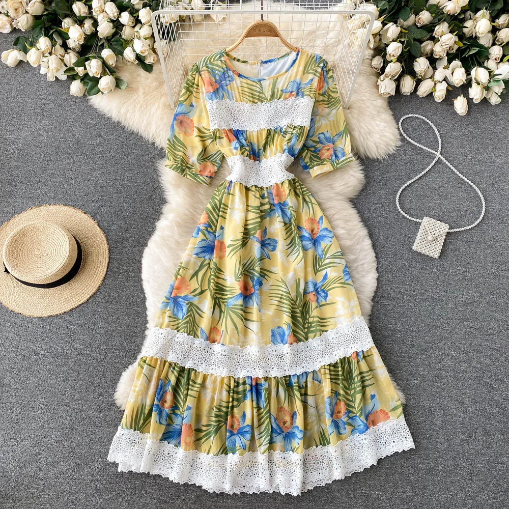 

C572 Women's Fashion Summer Round Neck Elegant Chiffon Printed Dress High Waist Slim Short Sleeve Lace Stitching A-line Vestidos