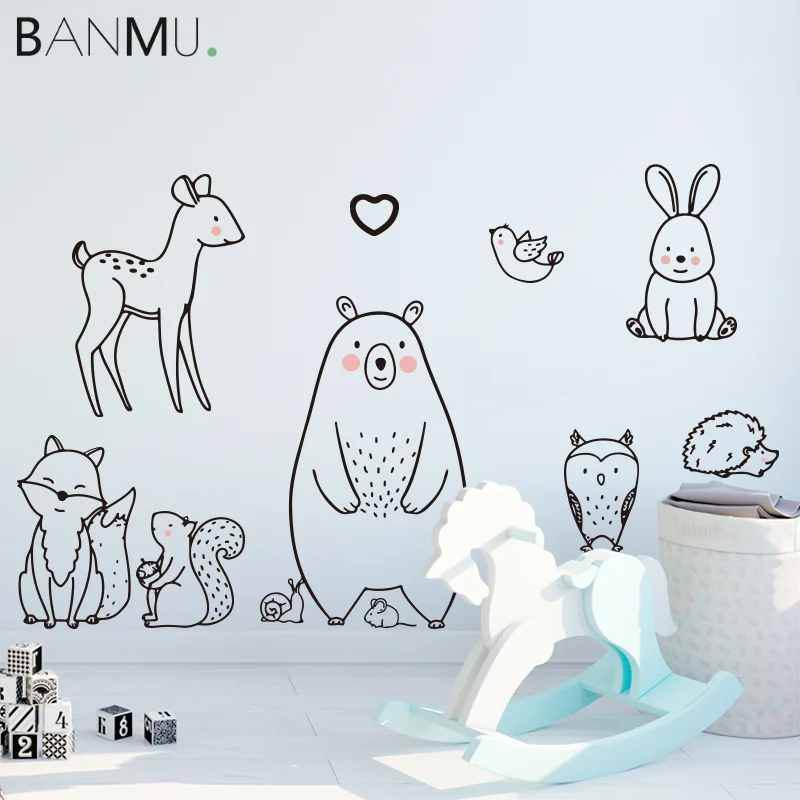 

BANMU Animal Decor Nursery Wall Decals Peel & Stick Decorative Line Drawing Animal Wall Stickers for Nursery Decoration
