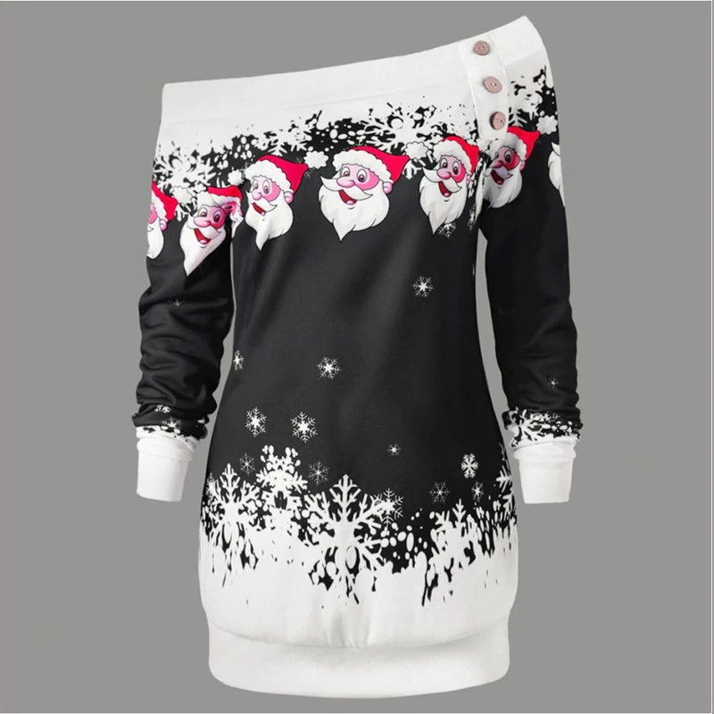 

Women Hoodies Long Sleeve Slash Neck Santa Claus Floral Printed Loose Casual New Pullover Sping Autumn Fasion Wild Hoodie Tops