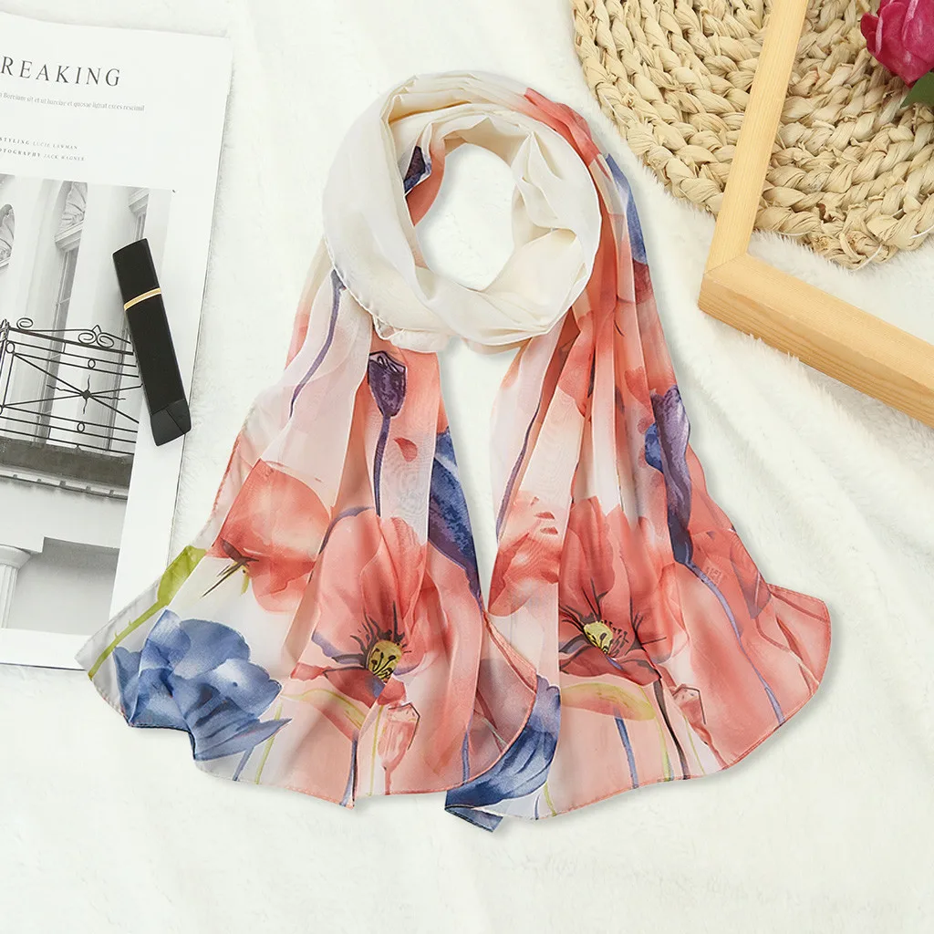 Фиолетовый цветочный принт Женский шифоновый Длинный мягкий шарф Женская шаль