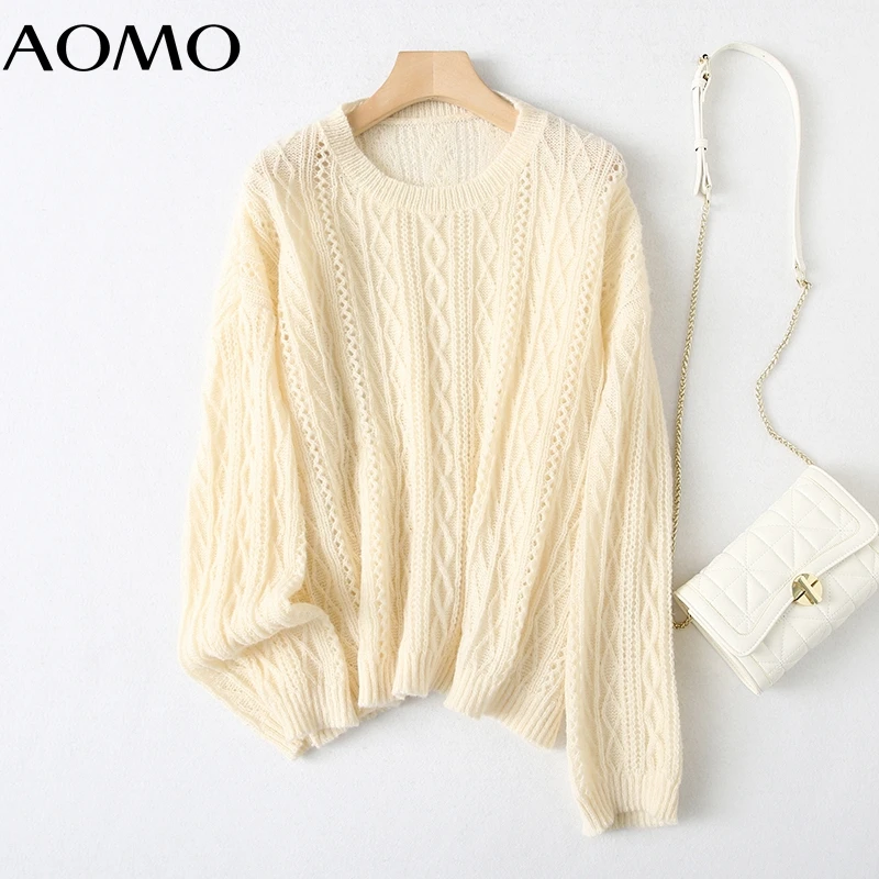 

AOMO Women Hollow Twist Oversized Knitted Sweater jumper Long Sleeve Female Pullovers YU128A