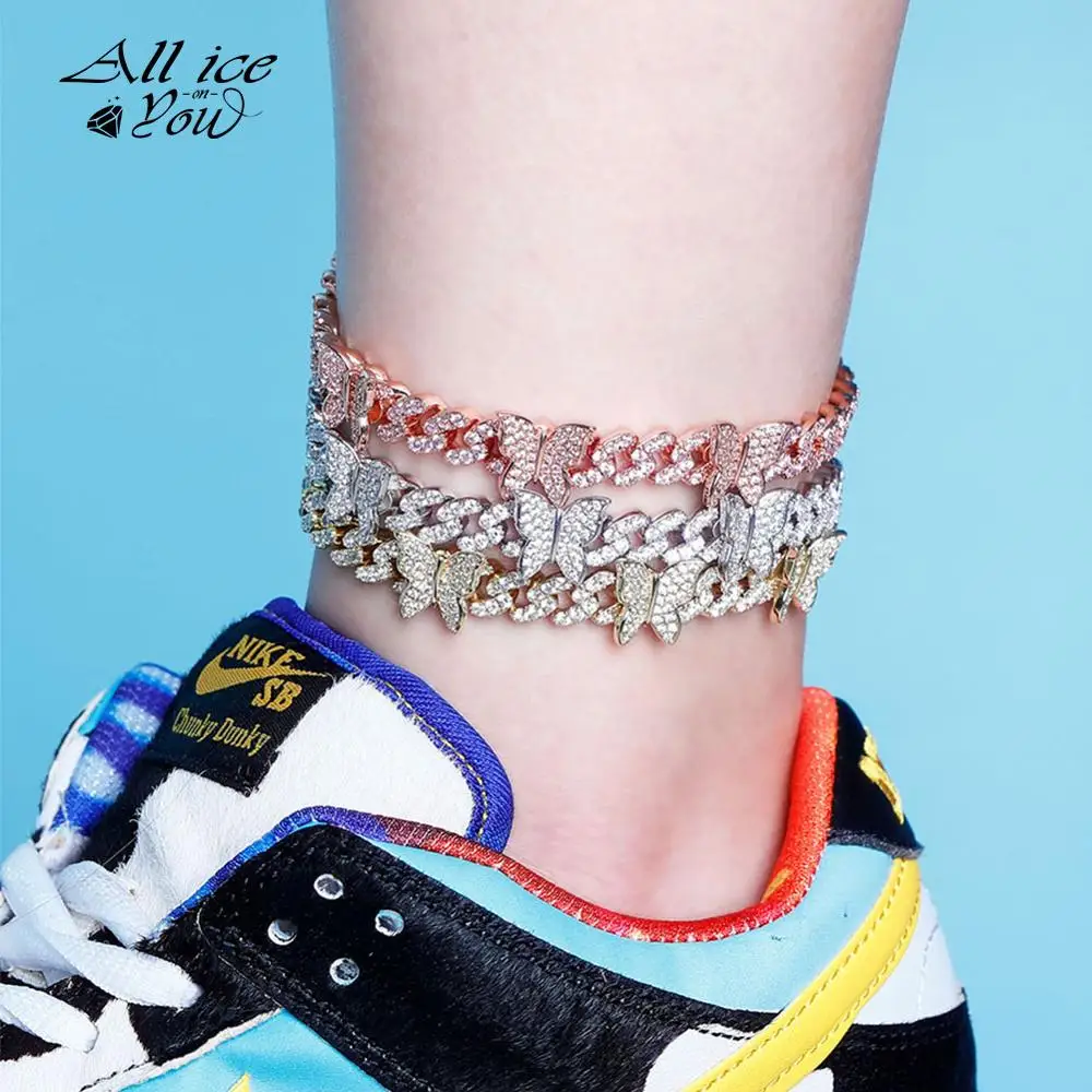 

ALLICEONYOU 8MM Cuban Chain Butterfly Anklet Anklet Iced Out High Quality Cubic zirconia Hip Hop Charm Jewelry For Women Gift