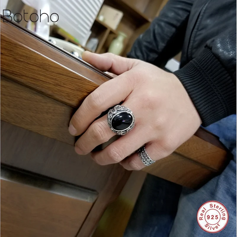 

New Real 925 Silver colour Black Onyx stone Ring For Men Female Engraved dragon Men Fashion Sterling Thai Silver colour Jewelry