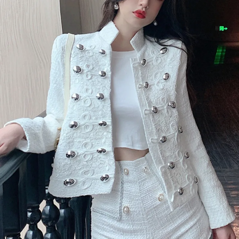 

2021 Spring New Fashion Designer Women Elegant Vintage Short Coat Stand Long Sleeve Button Wool Blends Tweed Jacket Outwear