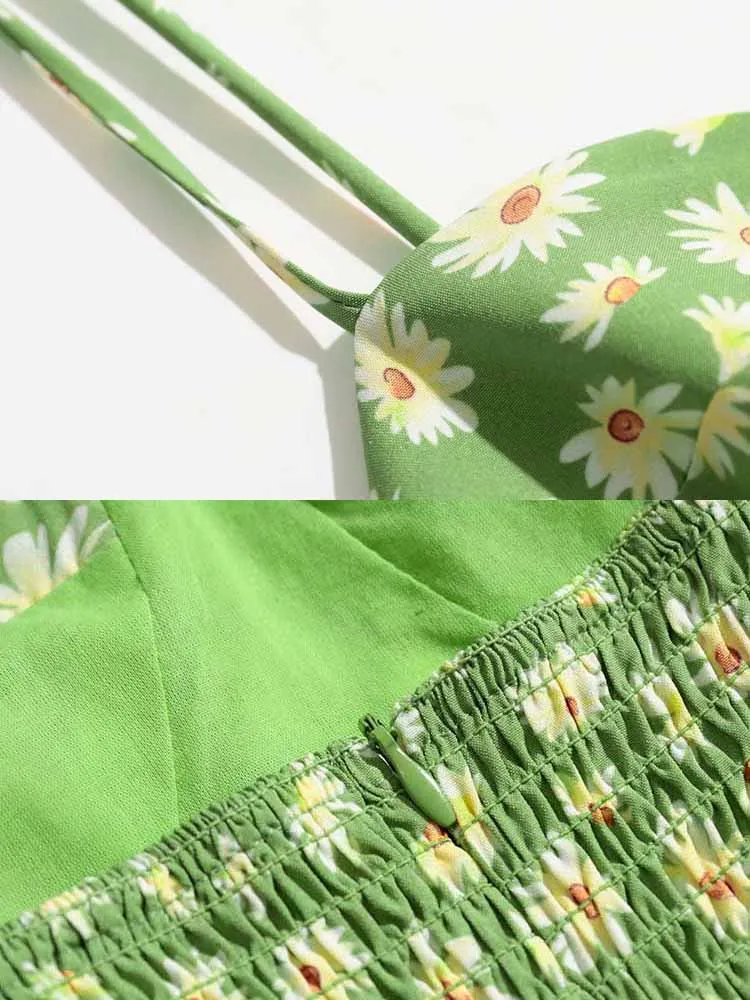 

yinlinhe Elasticity Bodycon Summer Dress Backless fench style Sexy Dress Women Strap Tied Print Green Vintage Dress Outfits 1535