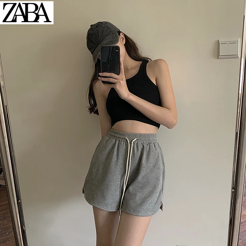 

ZABA Elastic Waist Sports Casual Pants Women's Summer Hot Pants 2021 New Shorts Black High Waist Loose Wide Leg Pants
