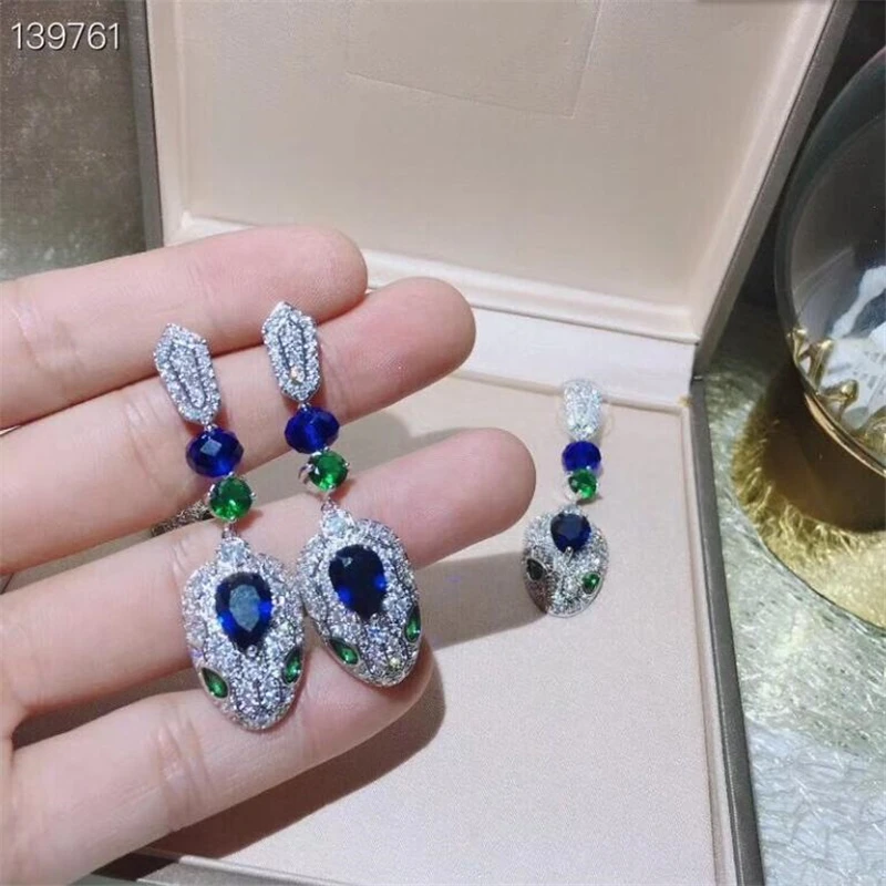 Роскошный синий/зеленый змея из алмазов кулон Висячие серьги для женщин 18 к белое