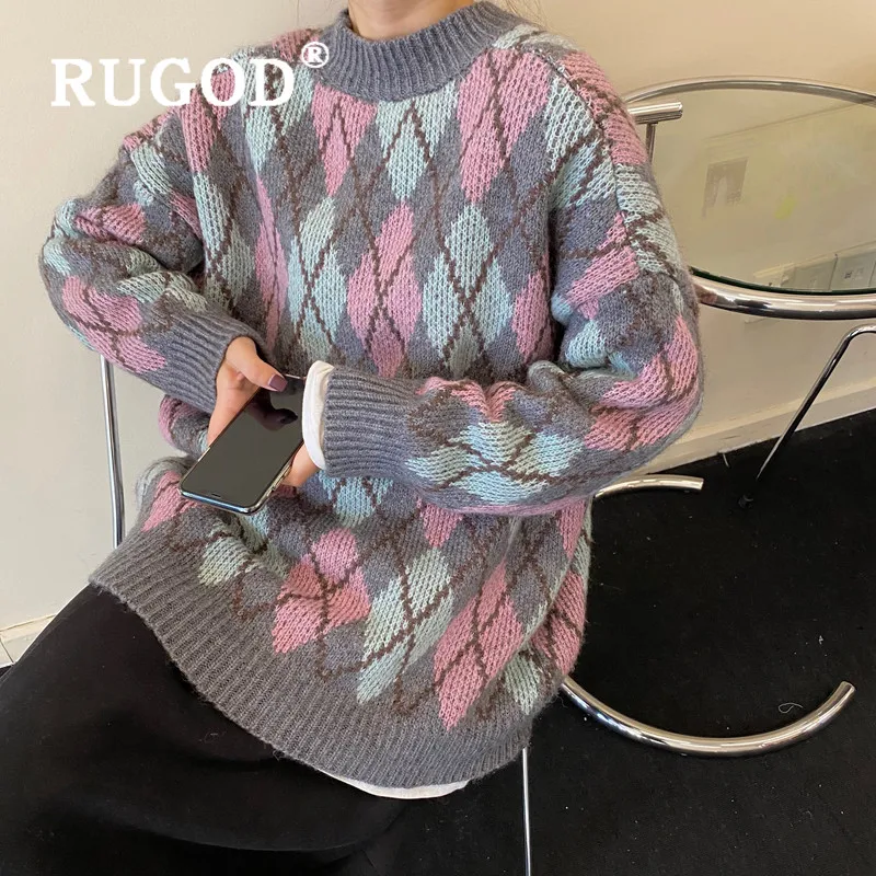 RUGOD Christmas sweater for women vintage plaid pattern oversized tunic korean chic warm knitted pullover fashion casual female | Женская