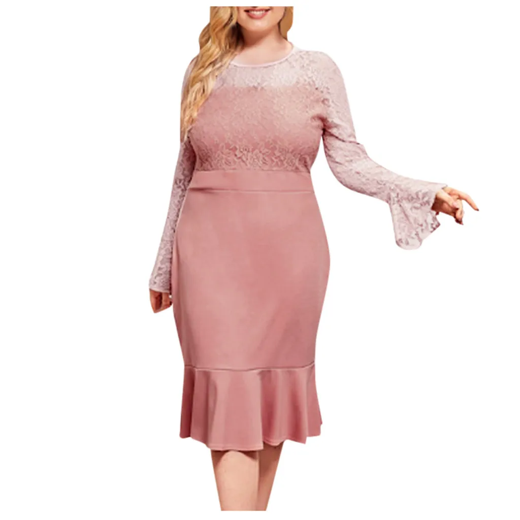 Женское кружевное платье размера плюс с О-образным вырезом и длинным рукавом