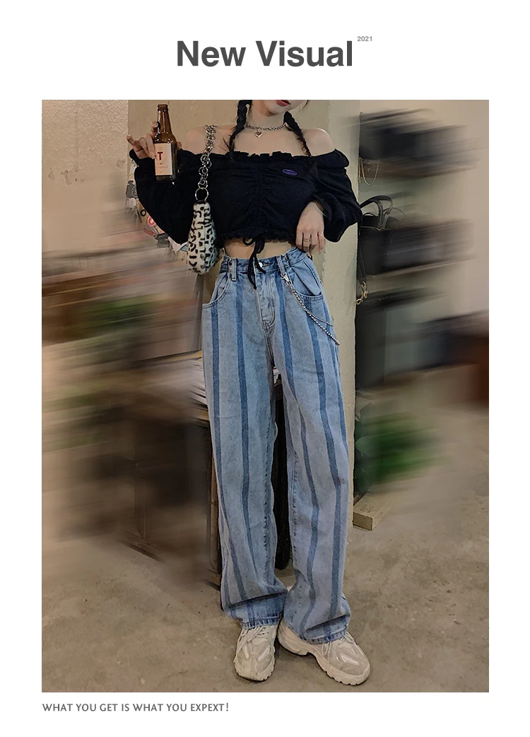 

VANOVICH Fashion Women Jeans 2021 Summer New Wild Casual Europe Stripes Wide Leg Pants Women Korean Style High Waist Jeans
