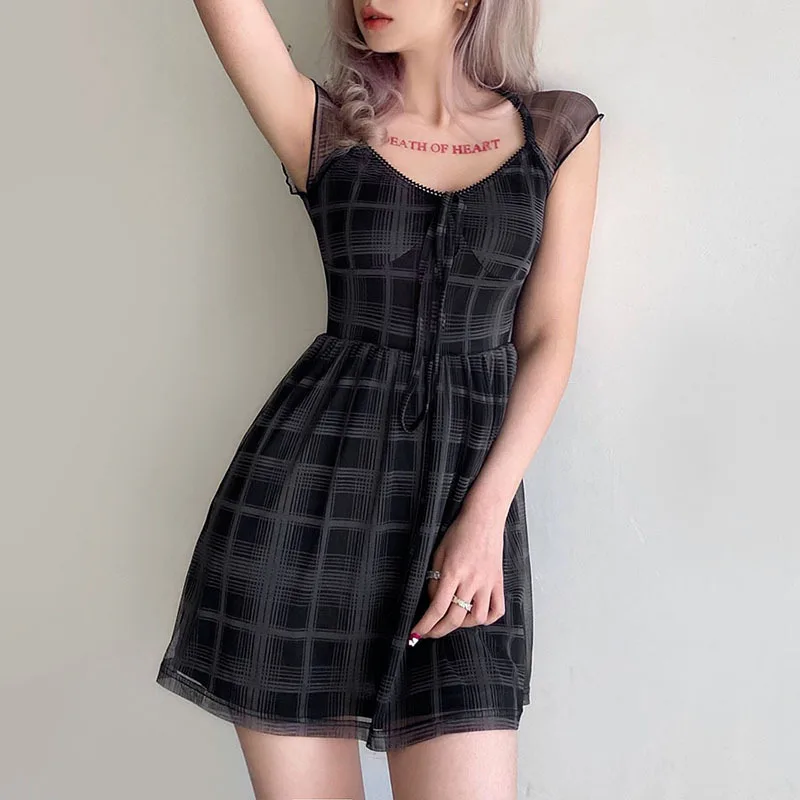 

YICIYA 2021 New Summer Women's Slim Fit Mesh Shoulder Gothic Plaid Square Neck Bandage Gentle Girly Style Short Dress Women