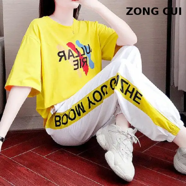 

Женский спортивный костюм из двух предметов, повседневный костюм из двух предметов в Корейском стиле с коротким рукавом и длинными брюками,...