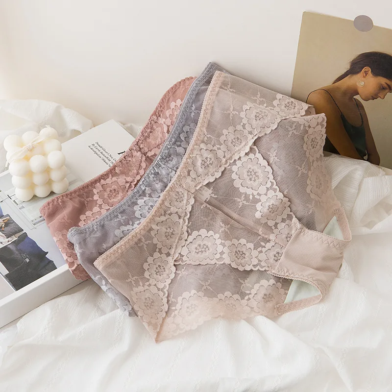 

Women's Sexy Underwear Lace Perspective Panties Women's Mesh Pure Color Briefs Low Waist Sexy Underpants Female Cotton Lingerie