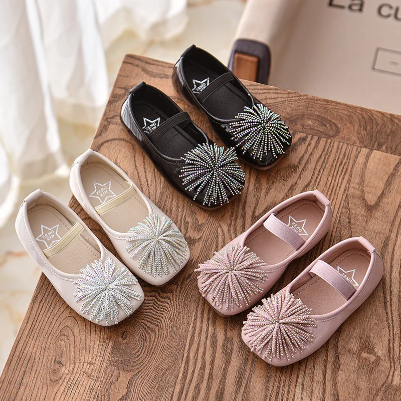 

2021 Spring New Girls Flat Shoes Square Head Shallow Mouth Diamond Tassel Fashion Princess Single Shoes Solid Color