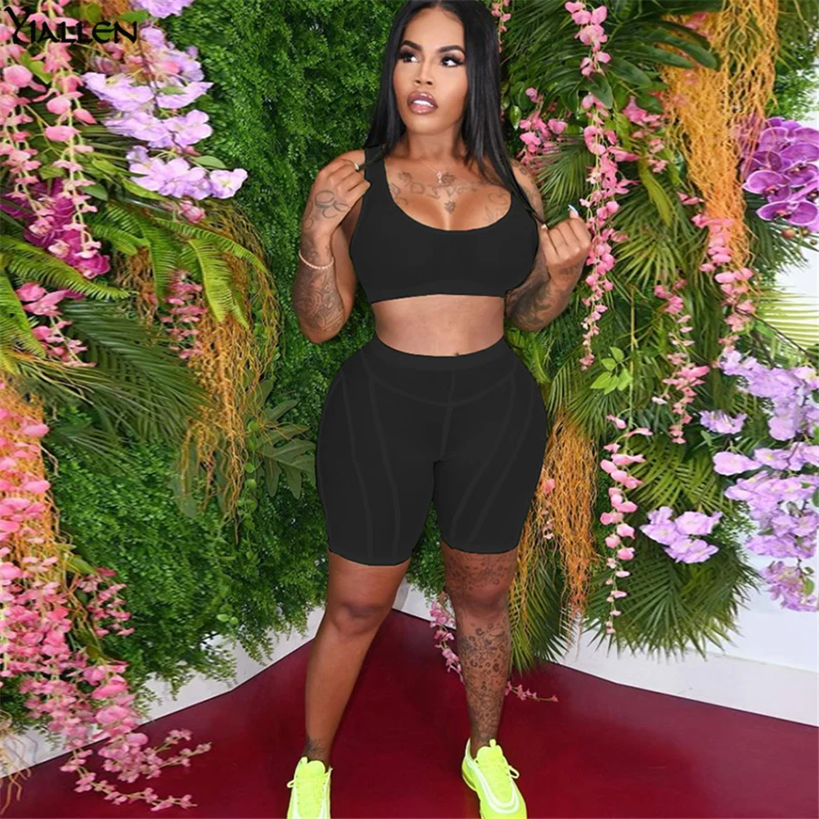 

Yiallen Women Summer Sexy See Through Mesh Tank Top and Shorts Two Piece Set Sports Fitness Streetwear Slim Stretch Outfit Hot