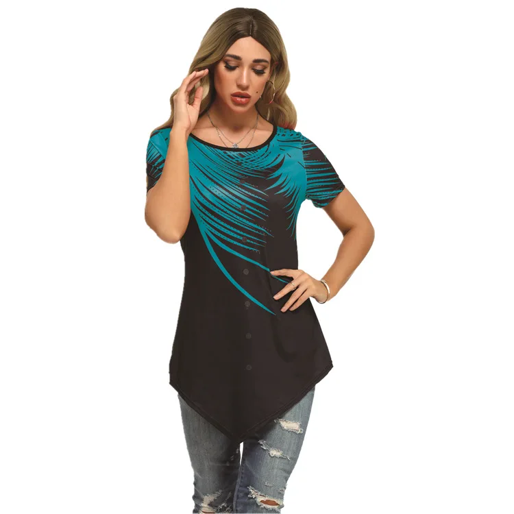 Leaf Print Irregular Hem Women's Short T-Shirts New Summer Tees Large Sizes 5XL Ladies Top Shirt Sleeve 3D Tshirts | Женская одежда