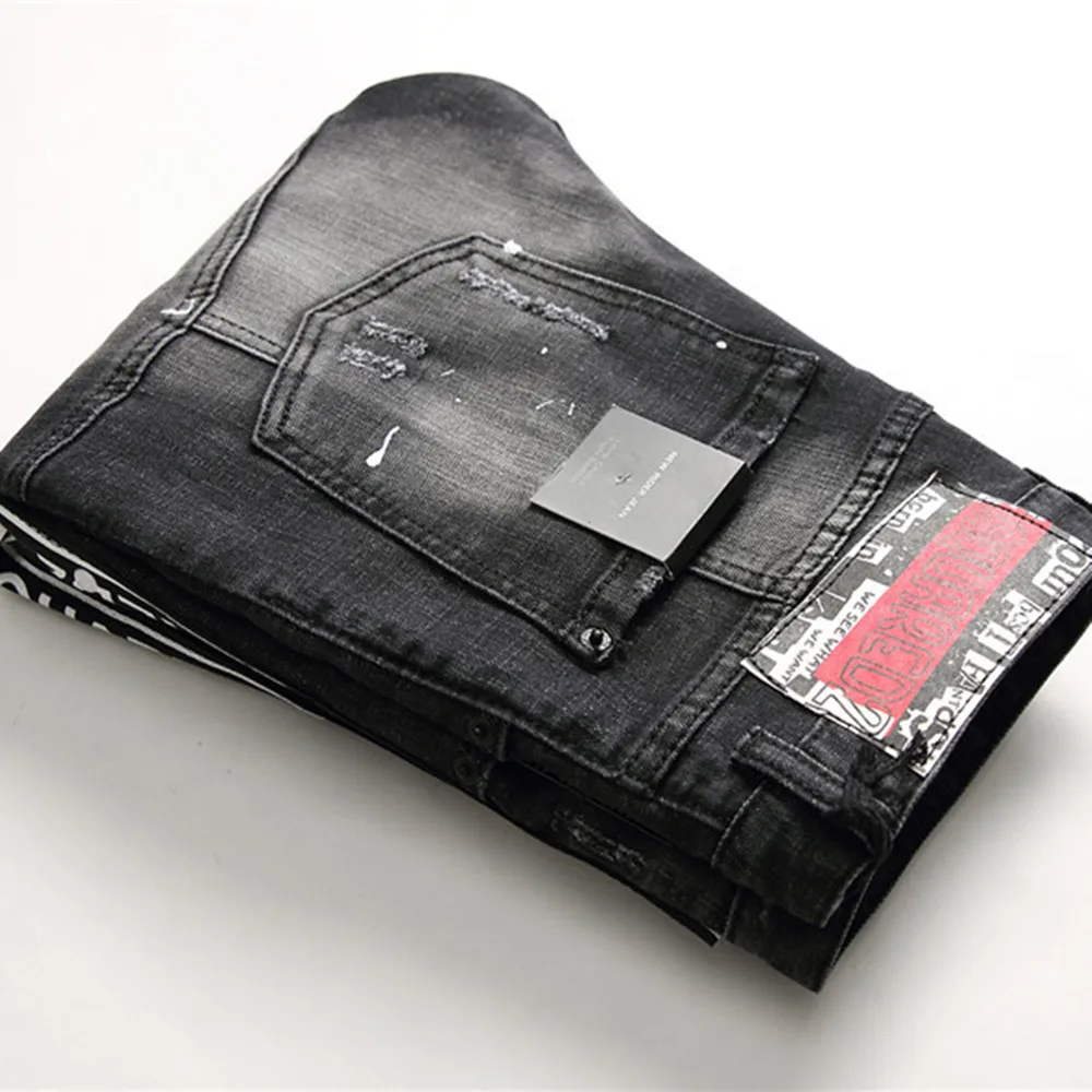 

Spring New Tattered Splash-ink Patchwork Men Slim Stretch Jeans Black Tight Hip-hop Pants European American Fashion Ripped Jeans