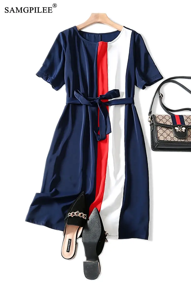 

Dress Plus Size 2021 Women Casual Dresses A-line Patchwork Short Sleeve Sashes Knee-length O-neck Women Summer Casual Dresses