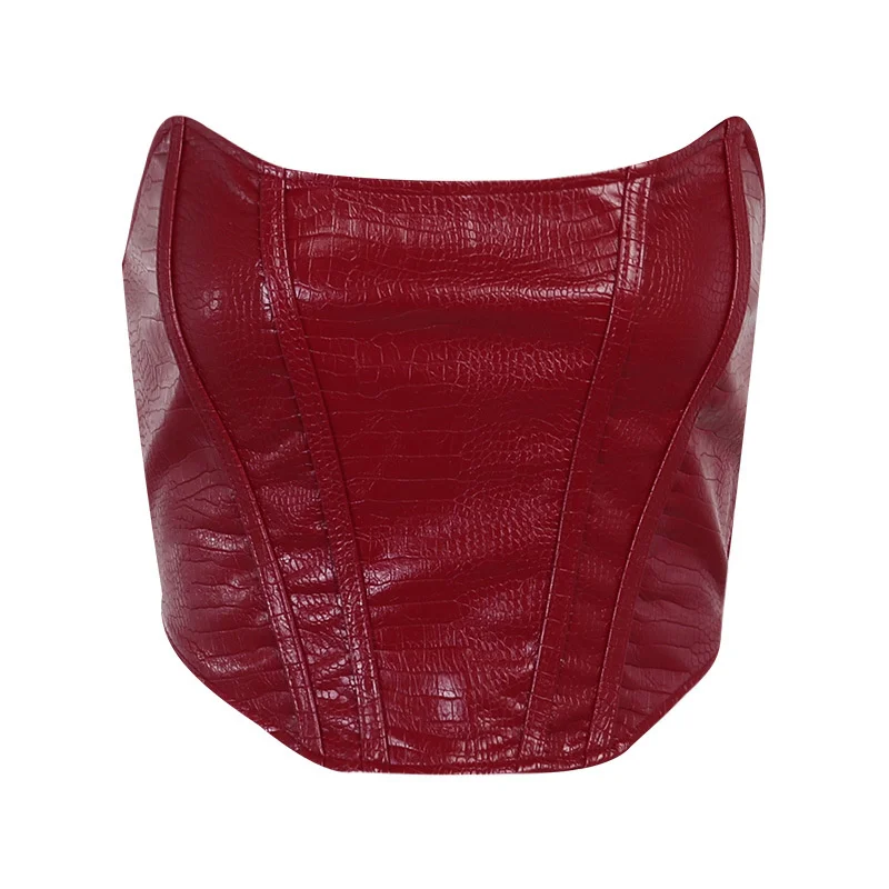 

WLLWLP Fashion Alligator Pattern Tie Waist Wrapped Breast Top Women Backless Slim Leather Strapless Tops A339