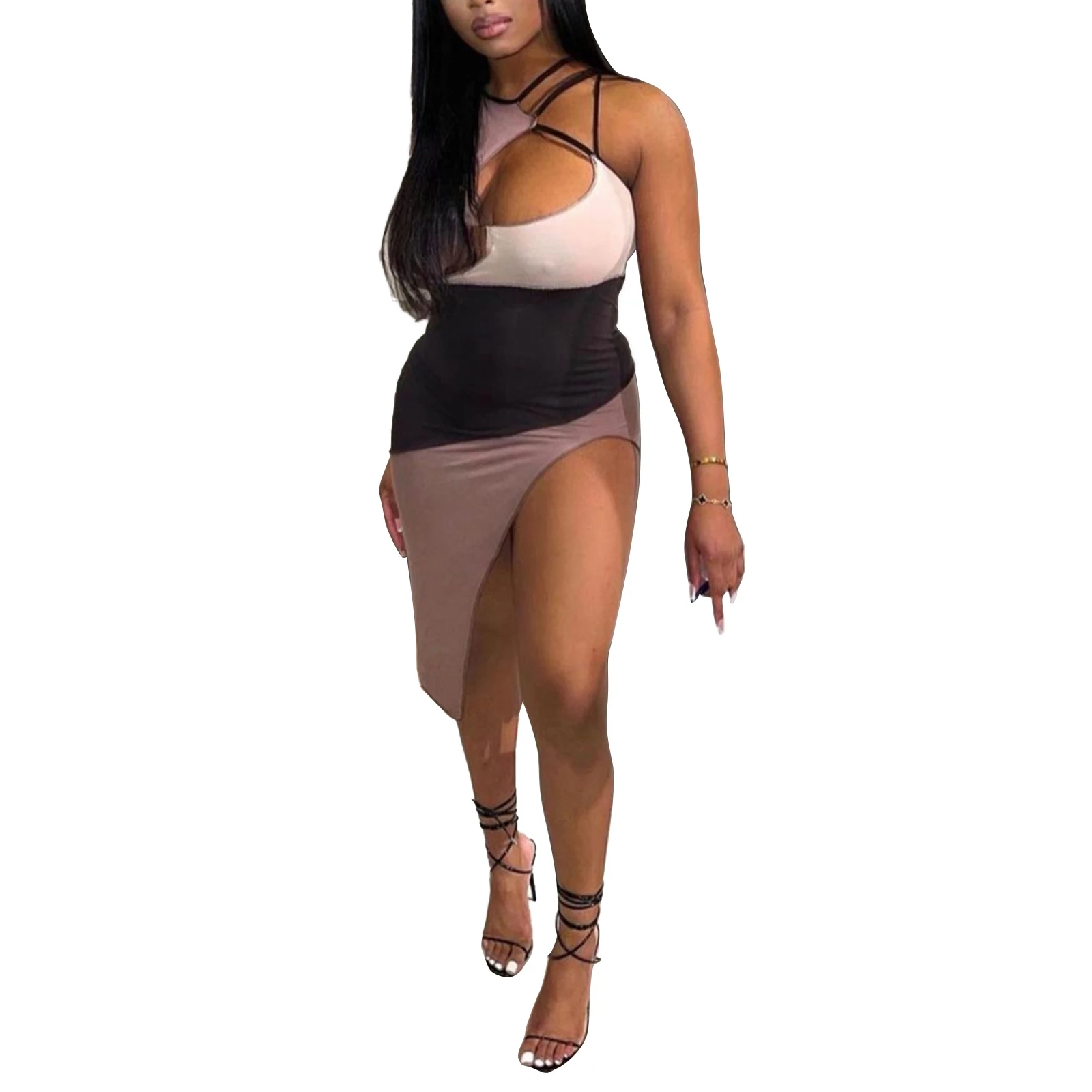 

Женское облегающее платье-комбинация, Персиковое разноцветное повседневное ажурное платье без рукавов, новая мода 2021