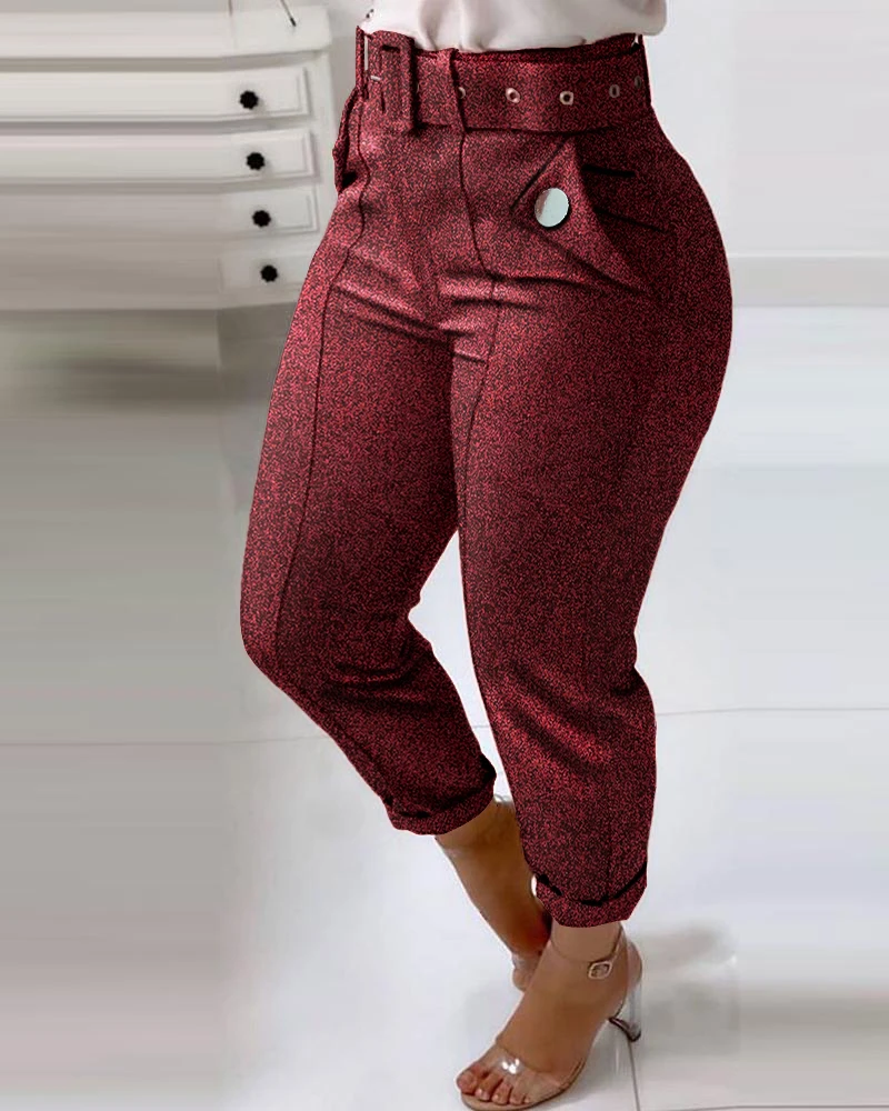 

Spring Autumn Women's Glitter Belt Designed Pant Femme Pocket Buttoned Casual Trousers Lady Sexy Skinny Long Office Outfits