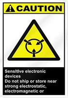 caution sign sensitive electronic devices do not ship near strong electrostatic electromagnetic or radioactive fields