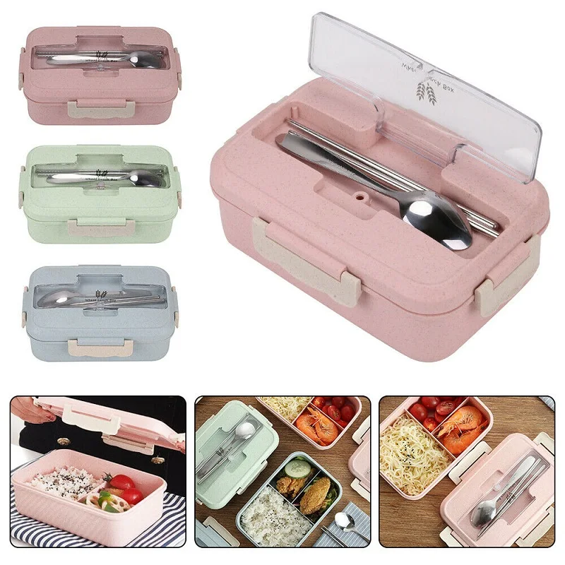 

Compartments Microwave Lunch Box Wheat Straw Food Container Kids Men Women Cute Japanese Style Bento Box With Spoon Chopsticks