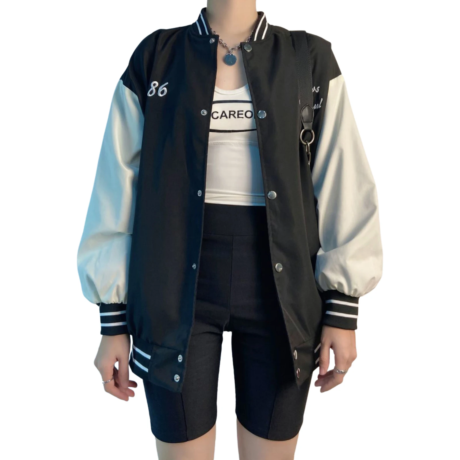 

Women Casual Long Sleeve Jacket Fashion Number Letter Embroidery Snap Baseball Shirt with Pocket Fashion Women Autumn Coats