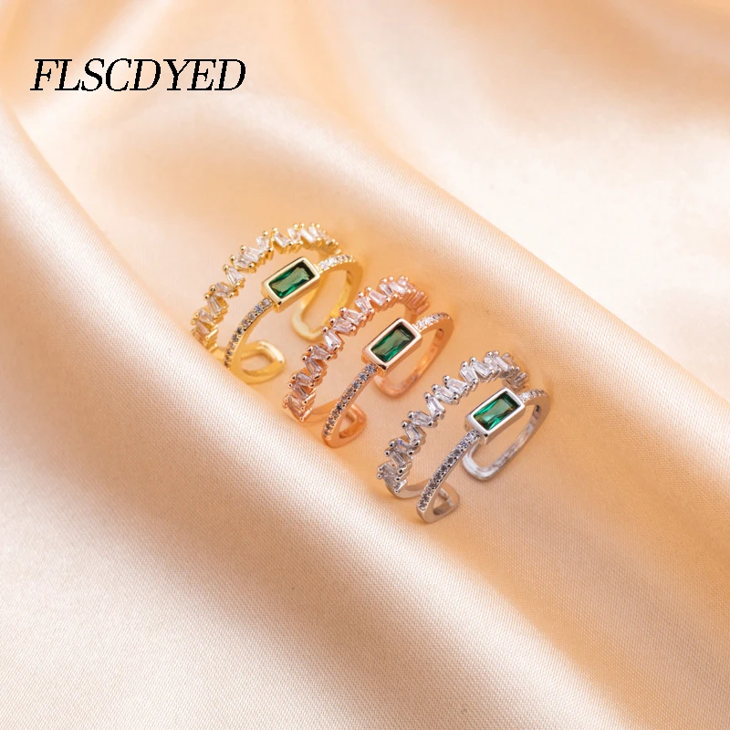 

FLSCDYED Luxury Zircon Gold Double Student Opening Rings For Woman Green Crystal 2021 New Fashion Gothic Wedding Finger Jewelry