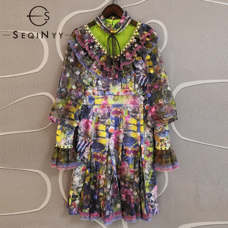 

SEQINYY Vintage Mini Dress Summer Spring New Fashion Design Women Ruffles Mesh Lace Flowers Print High Quality Beading