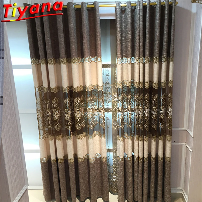 

Luxury Hollow Embroidery Curtains for Living Room Semi-Blackout Brown /Coffee Chenille European Window Drapes Hot Sales *VT