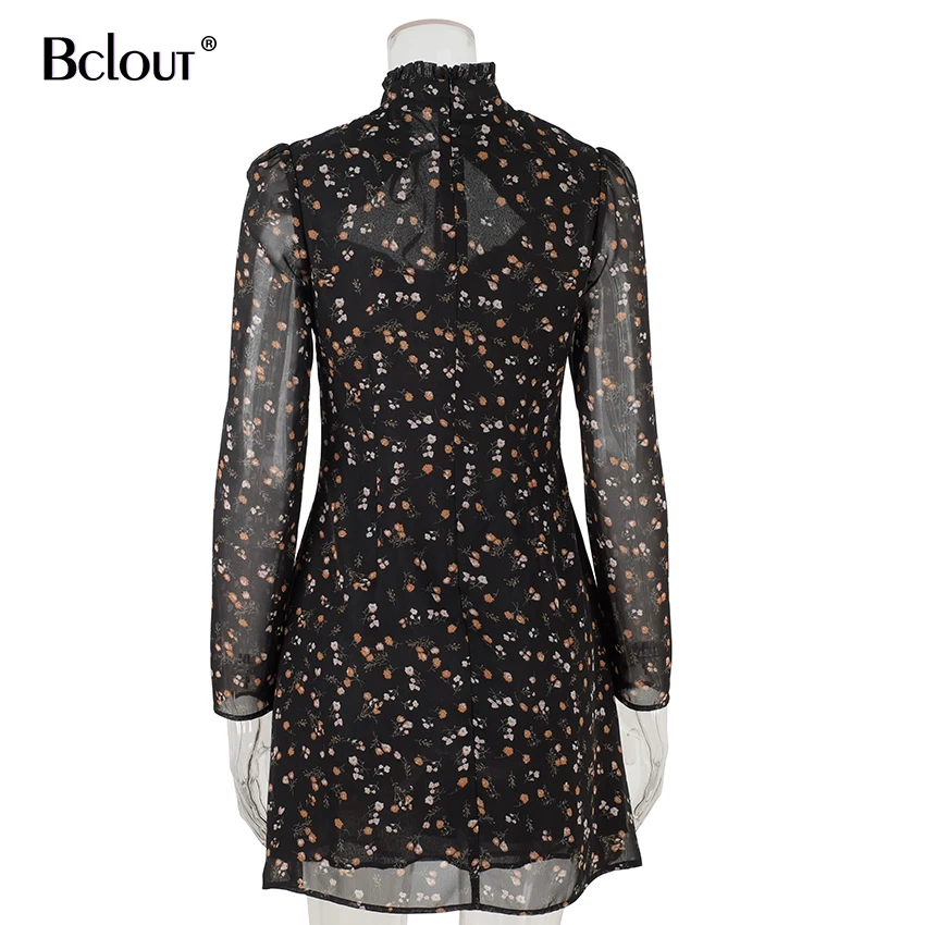 Винтажное Черное Осеннее женское шифоновое платье с длинным рукавом лямкой на