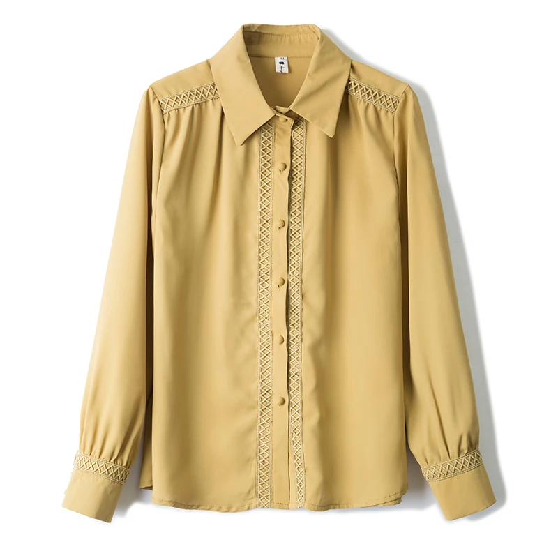 

New Chiffon Long-sleeved Women's Blouse XXKorean Pure Color Stitching Tops 2021 Loose Comfortable Fashion Casual Shirt Houthion