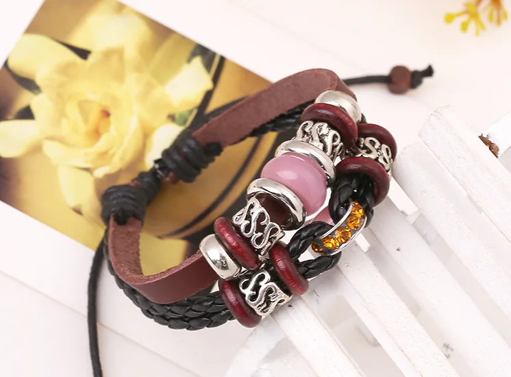 Женские плетеные браслеты ручной работы из натуральной кожи с бусинами |