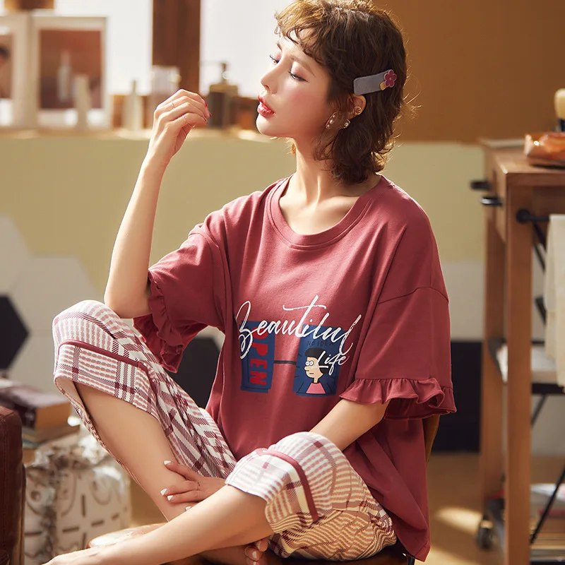 Лидер продаж хлопковые Пижамные комплекты с коротким рукавом женские пижамы