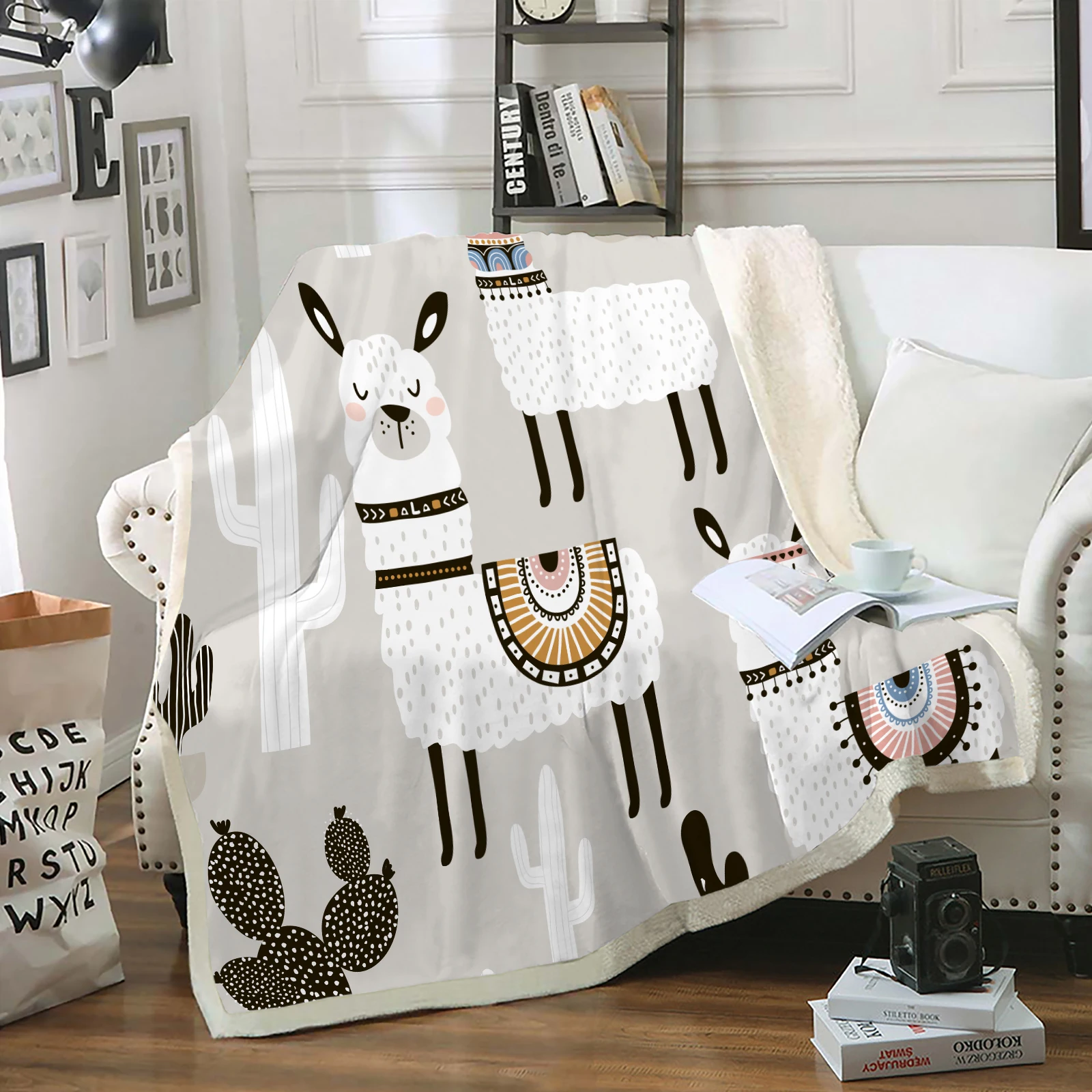 

White Llama Blanket Grey Llama Throw Blanket White Alpaca Black Cactus Printed Light Grey Sherpa Fleece Blanket Kids Boys Girls